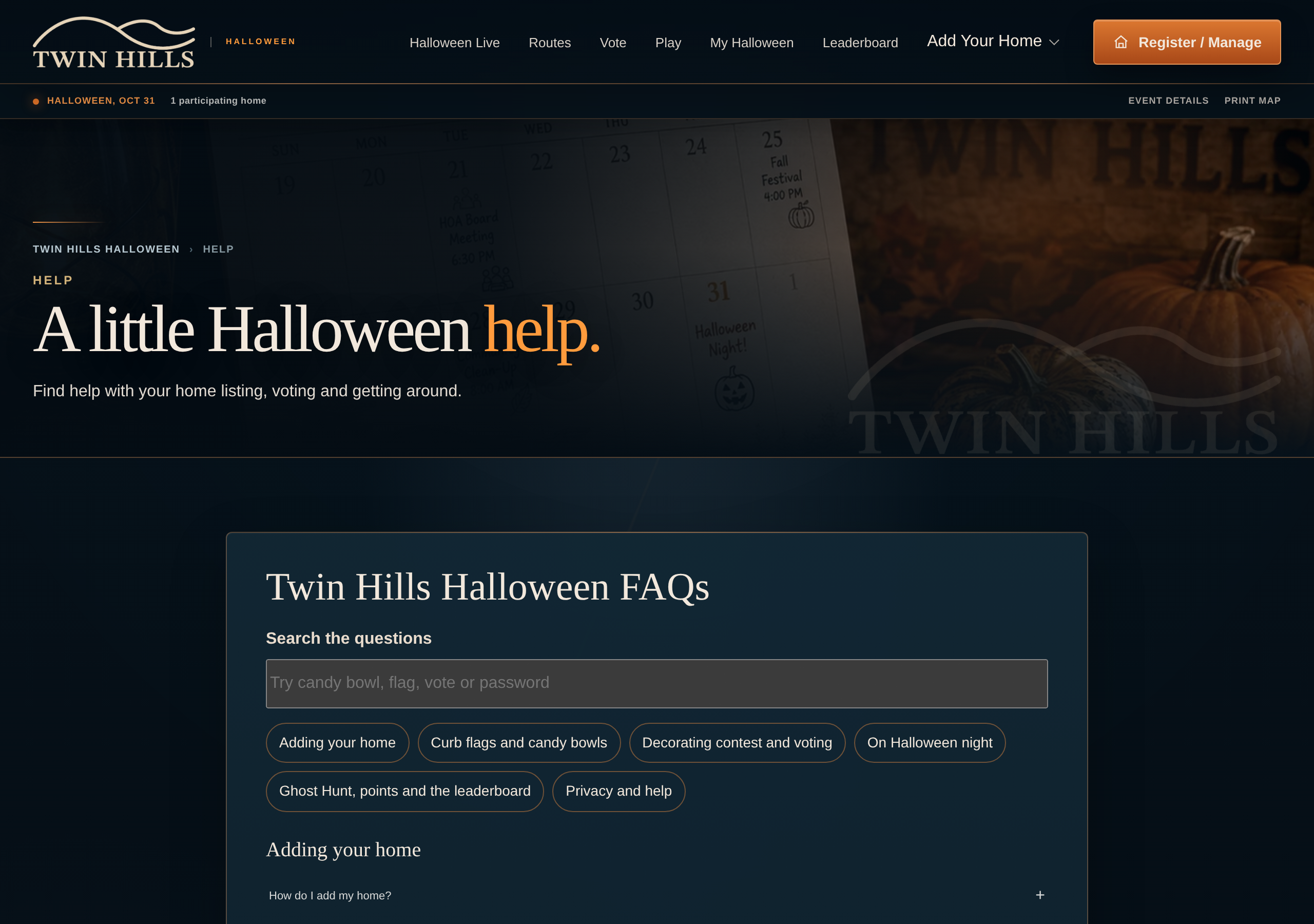 The Help page with the heading A little Halloween help and a search box titled Search the questions.
