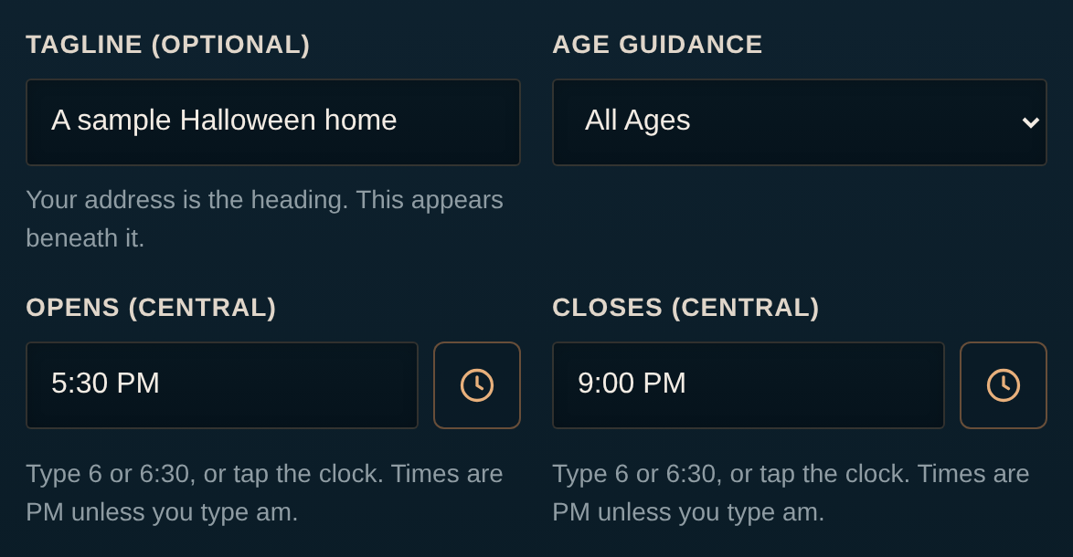 Public listing editor with the opening and closing time fields marked.