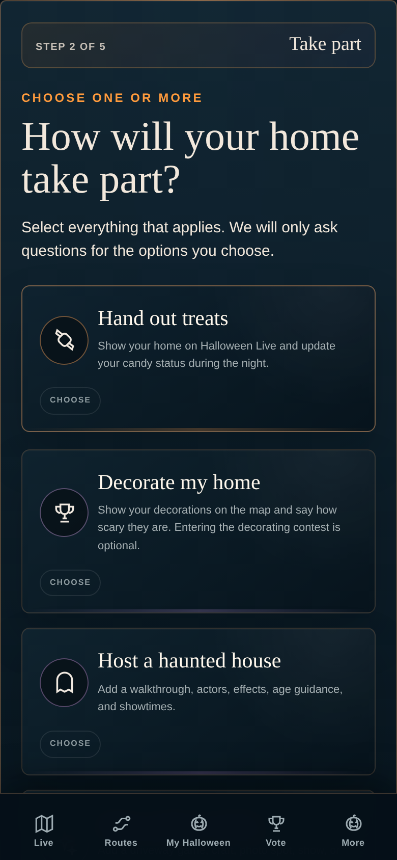 Step 2 of the form on a phone, with a Step 2 of 5 label and the Hand out treats and decorating contest boxes.
