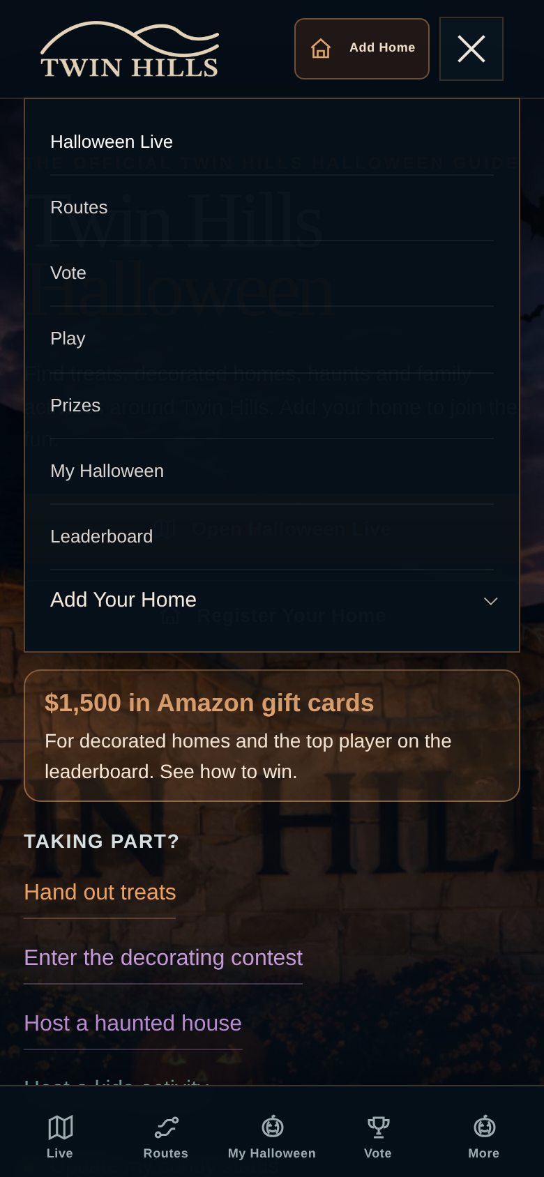 The phone menu open, with a Register Your Home button below the menu links.