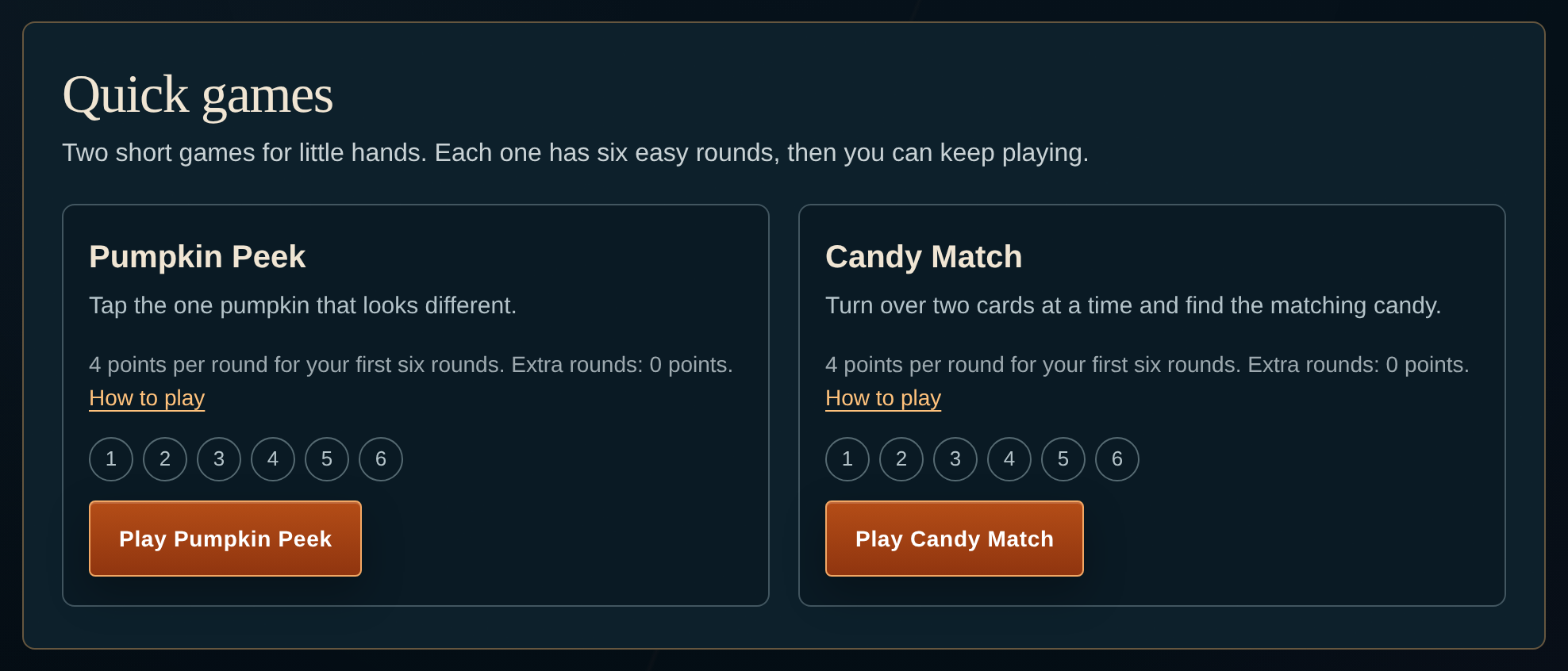 Pumpkin Peek and Candy Match cards with their play buttons marked.