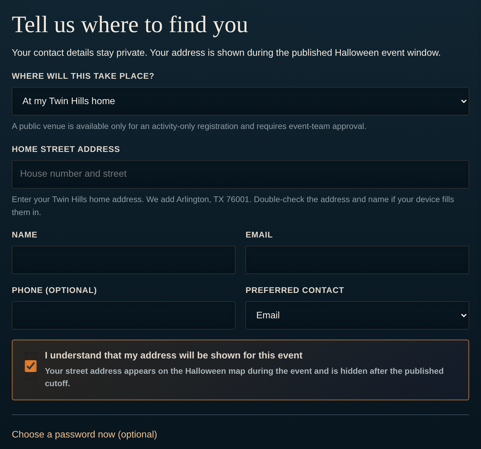 Step 1 of the form with the place, street address, name, email, phone and contact fields, and a checked address box.