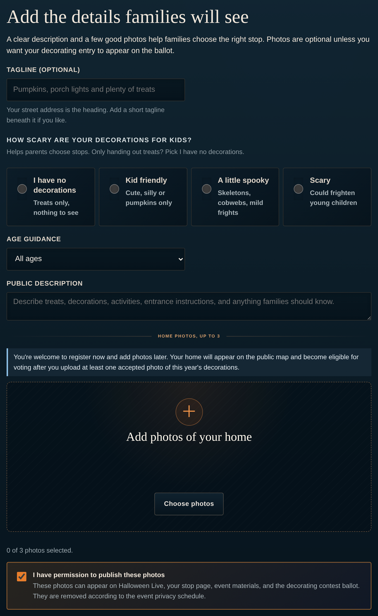 Step 4 with tagline, scare level, age guidance and description boxes, and a photo area with a Choose photos button.